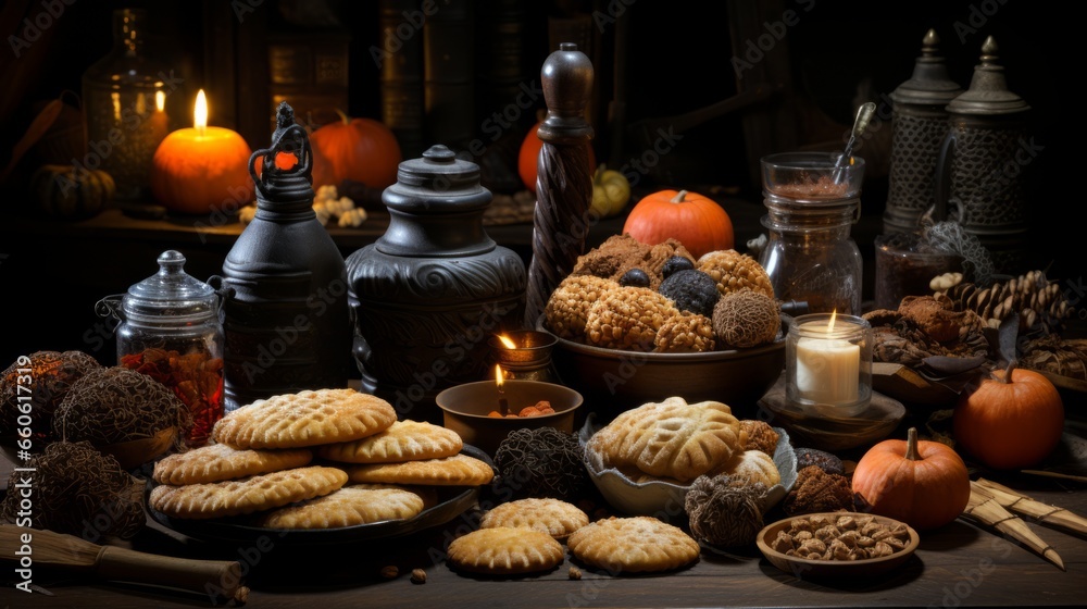 A spooky halloween bakery scene with an assortment of delectable snacks and aromatic candles adorning a beautifully set indoor table A spooky halloween bakery scene with an assortment of delectable snacks and aromatic candles adorning a beautifully set indoor table
