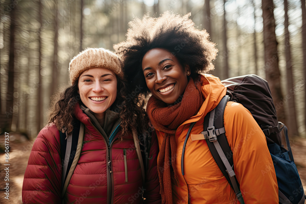 mujeres jovenes y sonrientes con ropa de invierno posando en un bosque con fondo de arboles desenfocados - obrazy, fototapety, plakaty 