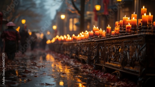 As city sleeps, lone figure walks down the street, the flickering light of the outdoor candles casting a warm glow upon the waxy pavement, creating wild and fluid scene of tranquility and mystery photo