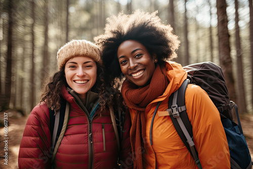 mujeres jovenes y sonrientes con ropa de invierno posando en un bosque con fondo de arboles desenfocados