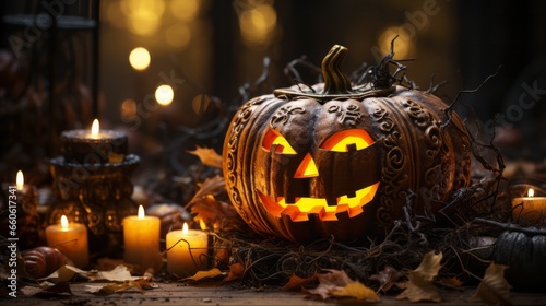 A fiery tribute to halloween, the carved pumpkin glows with flickering candles, a symbol of the warmth and mystery of the holiday
