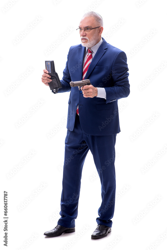 Old policeman with gun isolated on white Old policeman with gun isolated on white