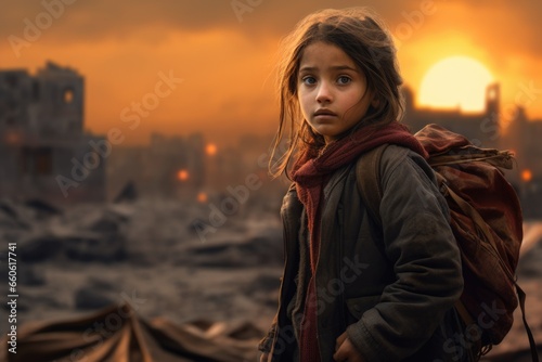 A young girl stands bravely in front of a city devastated by destruction. This powerful image captures the resilience and strength of the human spirit. Perfect for illustrating themes of resilience, h