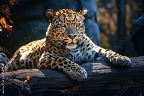 A leopard is seen lying on top of a log. This image can be used to depict the natural habitat and behavior of leopards in the wild.
