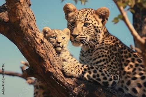 A mother leopard and her cub are seen sitting in a tree. This image can be used to depict the bond between mother and child in the animal kingdom. It is also suitable for showcasing wildlife and natur
