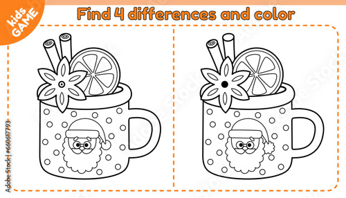 Kids game Find 4 differences with cartoon christmas mug with Santa Claus. Coloring page with holiday cup with with cinnamon and orange. Educational game for preschool children. Black and white vector