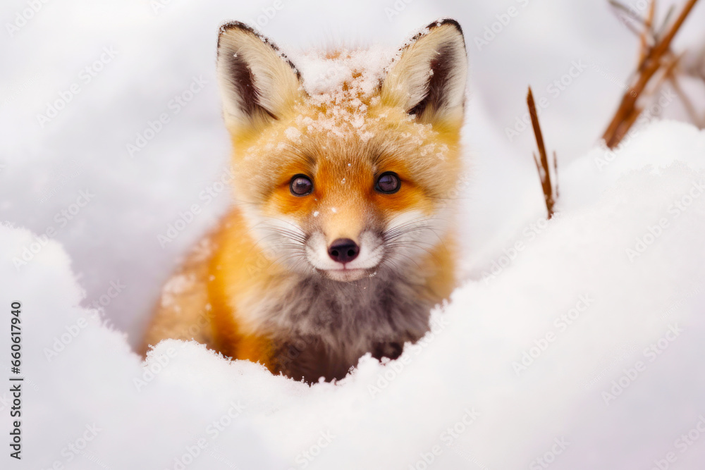 Portrait of cute red fox cub in the snow in winter time