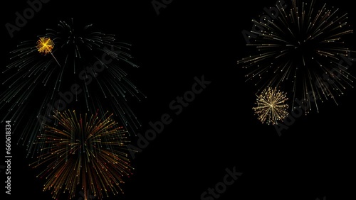 Fireworks celebration New year's eve. Abstract Multicolor golden shining glowing fireworks show with bokeh lights in the night sky. Happy thanksgiving day photo