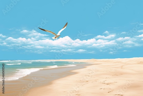 Beach scene with sand  beach background  blue sky  bird in flight  summer travel holiday design. Generative AI