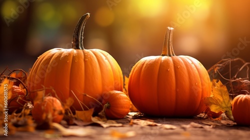 Halloween pumpkins and autumn leaves on wooden table  closeup