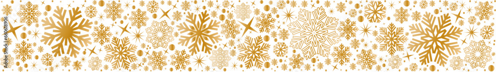 Fototapeta premium Snowflakes seamless border .Ornament with golden snowflakes and stars .Christmas golden horizontal border.Christmas decoration.