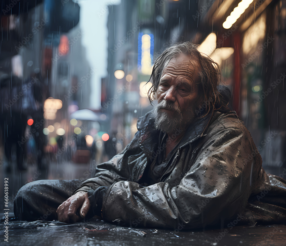 homeless man or kid boy child wrapped in american flag sitting outside on street in rain. sad dissatisfied people generative ai homeless man or kid boy child wrapped in american flag sitting outside on street in rain. sad dissatisfied people generative ai