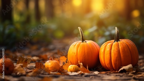 Two orange pumpkins on autumn leaves in the forest. Halloween background