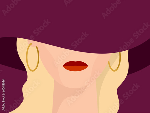 Elegant lady with blonde hair on purple hat