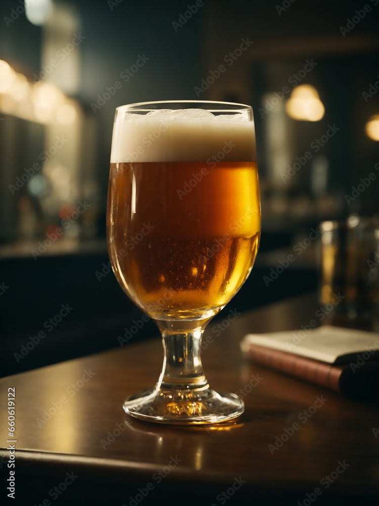 glass of light beer on the table in a dark pub glass of light beer on the table in a dark pub