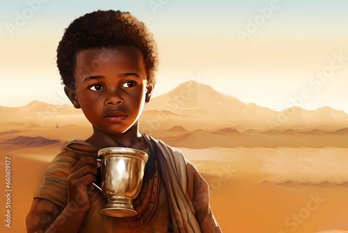 african boy drinking water from cup on desert background.generative ai,portrait of cute kid child photo