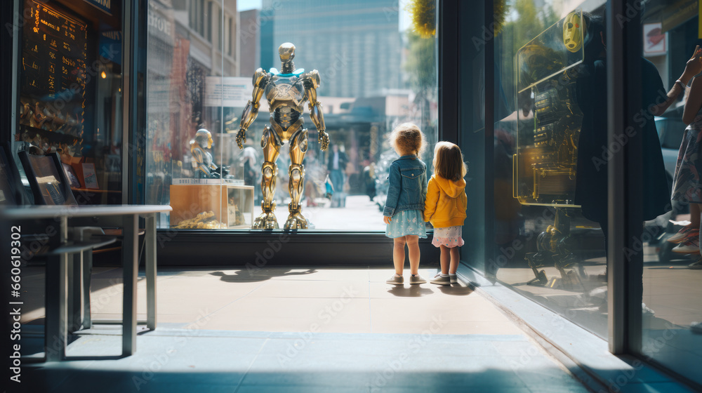 Young children stand on the sidewalk and observe a human-like robot in a shop window, during a sunny day on a busy street in a big city.
