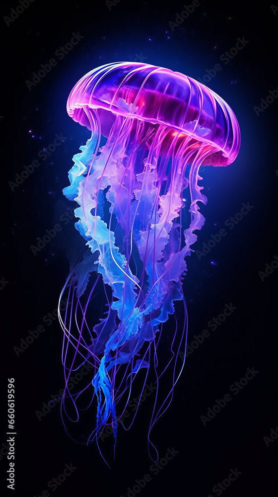 Neon blue and purple translucent jelly fish under water Neon blue and purple translucent jelly fish under water