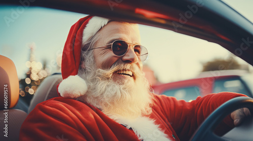 Santa Claus with big smile in a classic look drives a retro convertible car, in the style of a holiday atmosphere.