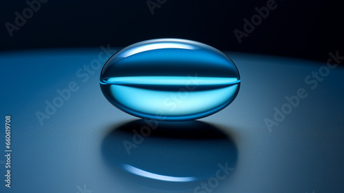 A blue pill on a reflective surface