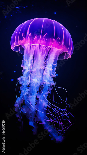 Neon blue and purple translucent jelly fish under water