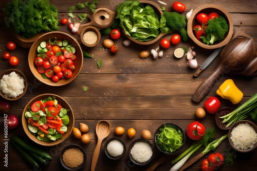 vegetables and spices on a wooden board copyspace