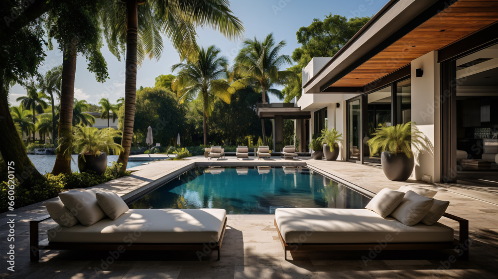 Fototapeta premium luxurious house features a stunning waterfront pool and a modern exterior design.