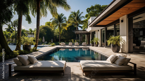 luxurious house features a stunning waterfront pool and a modern exterior design. photo