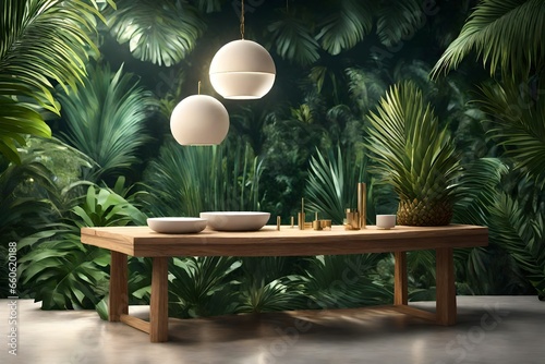 Jungle table background. Interior table for a cosmetic item against the backdrop of tropical plants  palms and jungle