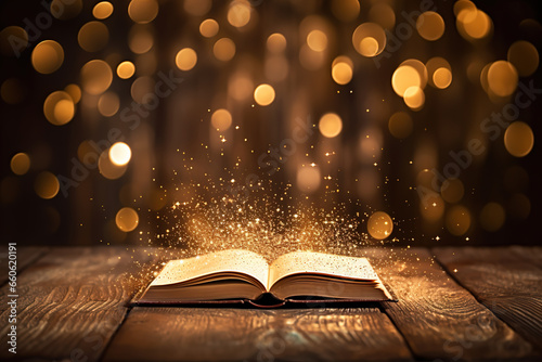 An open book on a wooden table against bokeh background. Magical radiance.