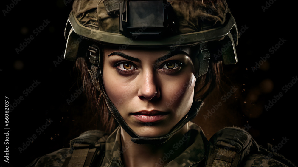 Strong woman in military attire, ready for duty. Telephoto, dark