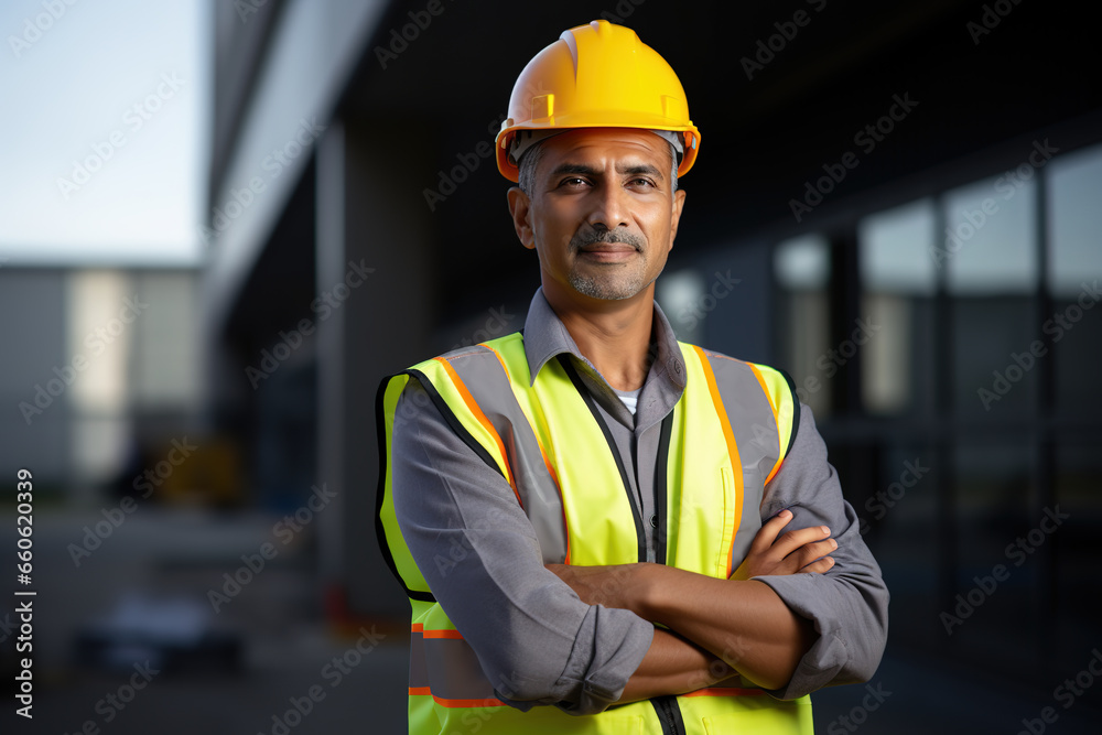 Mature male Indian construction site manager standing with folded arms wearing safety vest and helmet at construction site. Mature male Indian construction site manager standing with folded arms wearing safety vest and helmet at construction site.