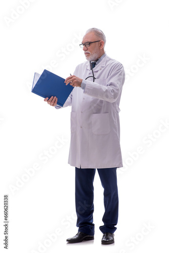 Old male doctor isolated on white