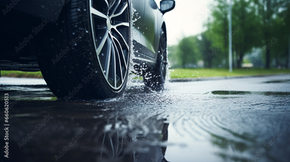 Aquaplaning risk increases with wet tires on a road.. - obrazy, fototapety, plakaty 