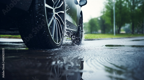 Aquaplaning risk increases with wet tires on a road..