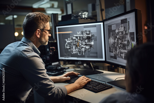 Machine engine development engineer working on prototype component on computer at his desk in the modern industrial design laboratory.