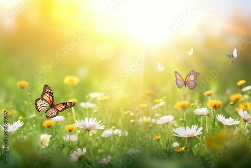 Bright summer nature scene with fluttering butterflies, blossoming flowers, sunlit glade, and bokeh. Generative AI