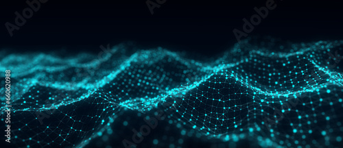 Technology blue wave of particles. Big data visualization. Analytics representation. Digital background. 3d rendering.