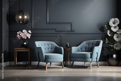 Cyclamen pink armchair in black interior room 3D Rendering photo