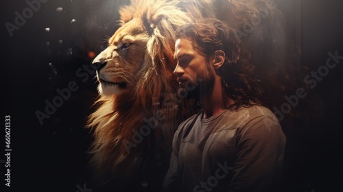 Lion and man of God in a dark room. Portrait of Jesus with a lion.