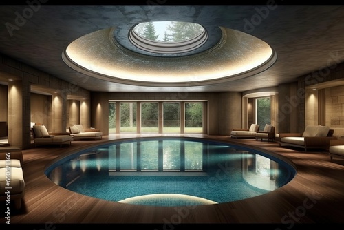 A pool in the basement or underground of a house. The pool would be done in concreteand room will have wood acents. The ceiling of the room has a circle where light comes thorugh.