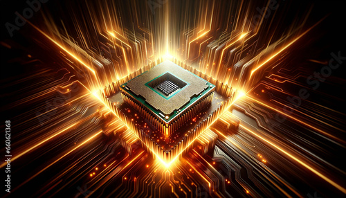  a computer chip with orange and yellow light streaks emanating from it. The chip is square in shape and has a black and gold color scheme.
