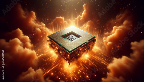  a computer chip floating in a fiery orange and red space. The chip is square in shape with a black and silver surface.