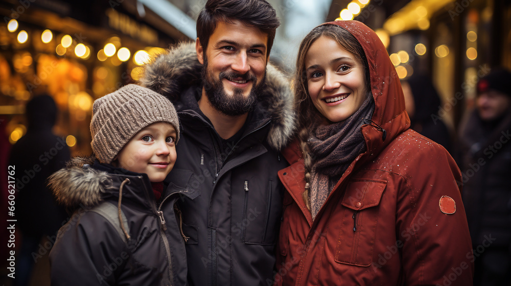 Family walks through the Christmas market. Festive mood. Together for gifts. Generative AI