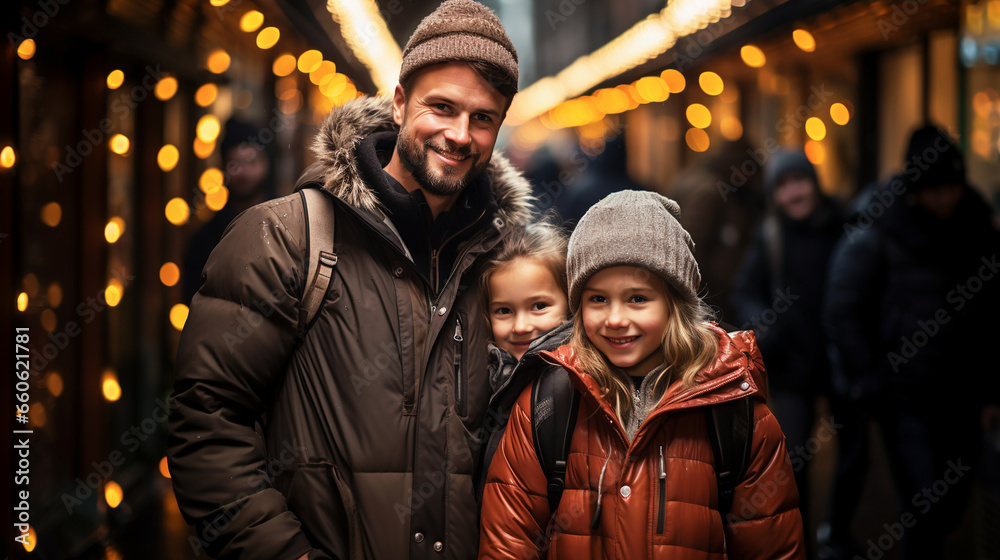 Single parent family. Father and daughters walk through the Christmas market. Festive mood. Together for gifts. Close-up. Generative AI Single parent family. Father and daughters walk through the Christmas market. Festive mood. Together for gifts. Close-up. Generative AI