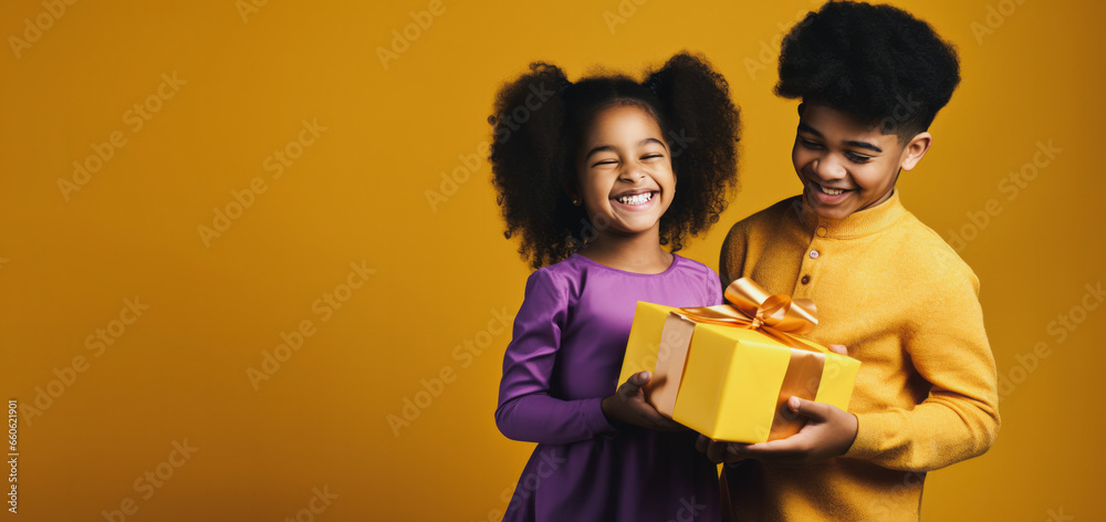 A close-up portrait of a beautiful little Afro girl giving a gift to her friend, in the style of giving and a holiday atmosphere.