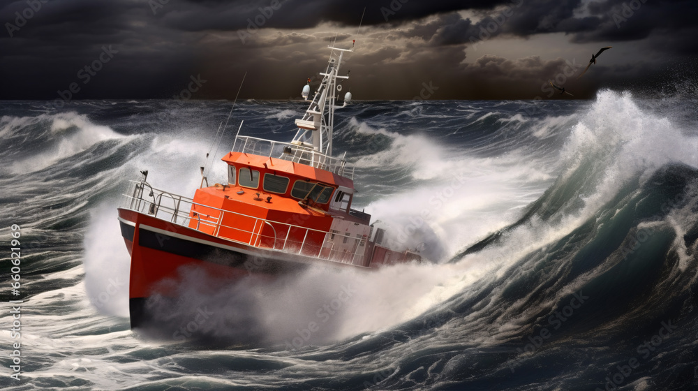 Captivating imagery of a pilot boat confronting the fury of a tempestuous storm.. Captivating imagery of a pilot boat confronting the fury of a tempestuous storm..
