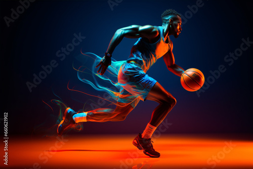 Athletic prowess: Witness an African-American basketball player in dynamic motion, training against a neon-lit background.