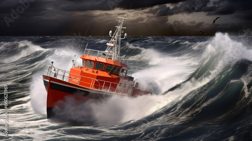 Captivating imagery of a pilot boat confronting the fury of a tempestuous storm..
