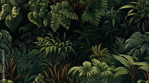 Create an immersive jungle ambiance with seamless wallpaper depicting towering trees and vibrant tropical flora..